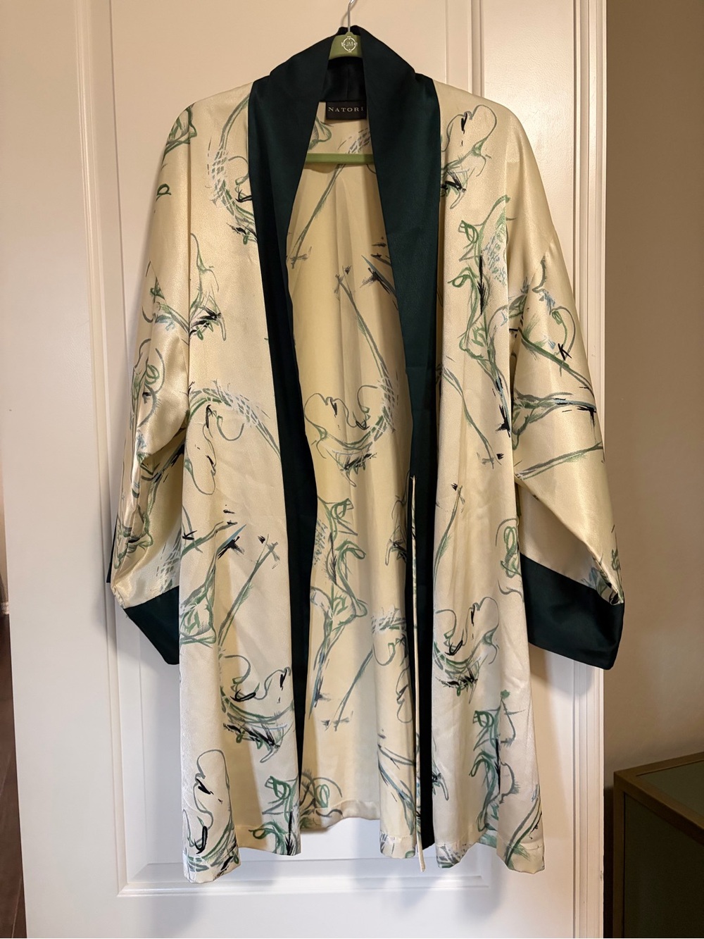 👘🐉Natori Old Money Silk Kimono Robe Cream Green Satin Trim🐲👘